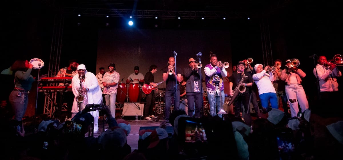 Members of Trombone Shorty & Orleans Avenue, Cimafunk, and guest musicians including Keyon Harrold and James Francies perform at Los Jardines de la Tropical.